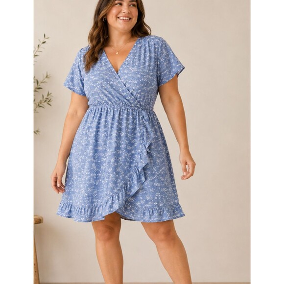 J. Crew Dresses & Skirts - J.Crew Mercantile XXL Blue Floral Faux Wrap Dress Ruffle Cottagecore Feminine